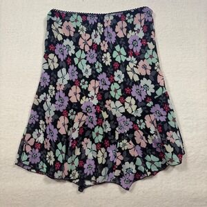 Vintage Briggs Petite Womens Large Floral Midi Skirt Black Multi Flared Hem